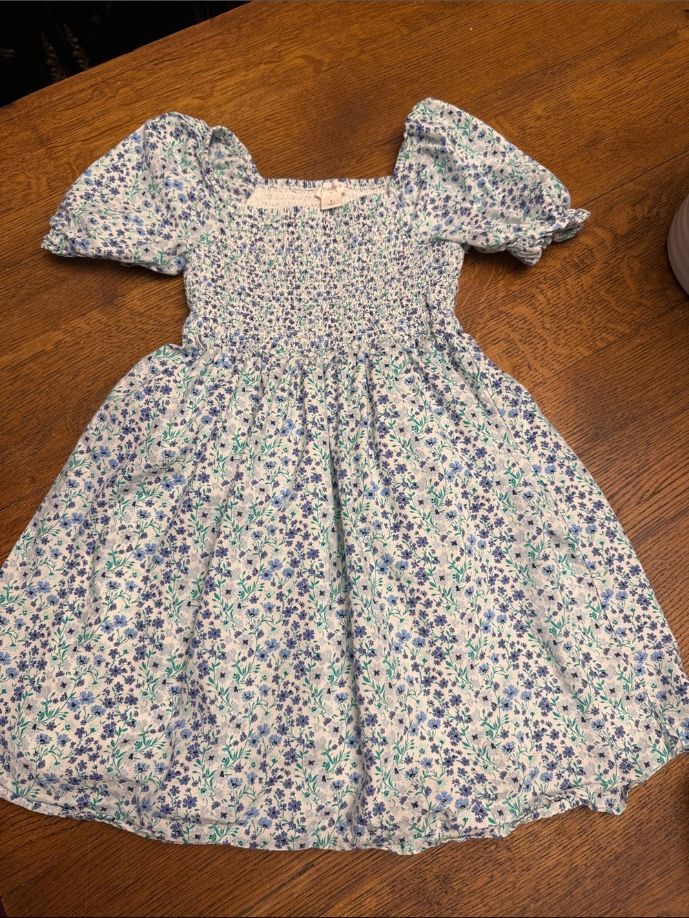 Crewcuts Girls' Blue Floral Smocked Puff Sleeve Dress